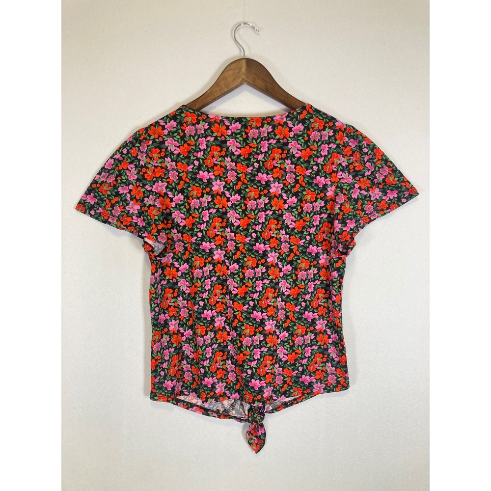 Cottagecore W5 Womens Size S Black Pink‎ Floral Front Tie Short Sleeve Top - Picture 2 of 10